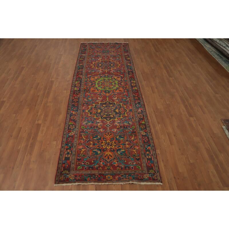 Hand Knotted Oriental 100% Wool Carpet Traditional Floral Red Heriz Runner Rug - 11' 1'' X 3' 10''