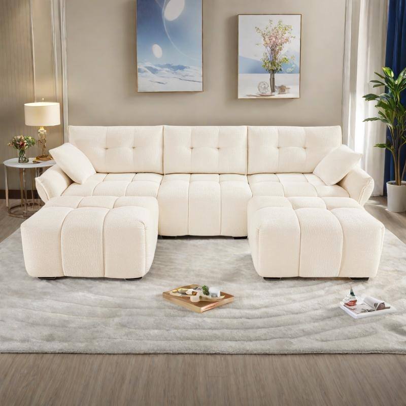 110.2" Chenille 3-Seater Sofa Set with Ottoman and Throw Pillows, Solid Wood Frame - White