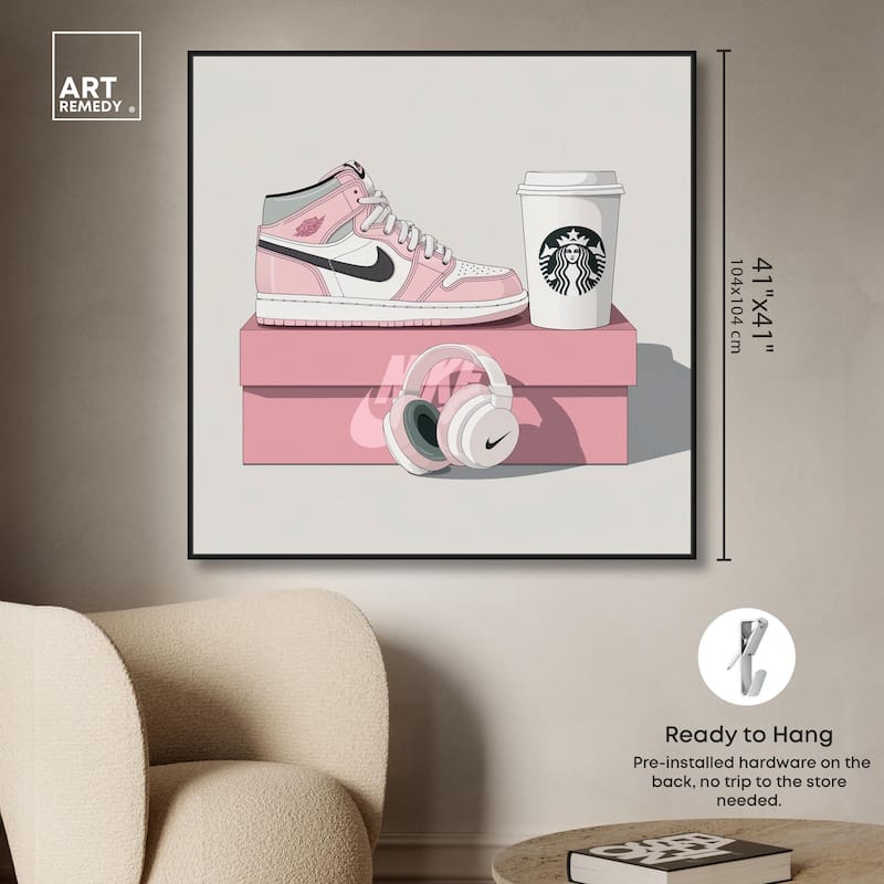 Pink Sneaker and Headphones Canvas by Art Remedy