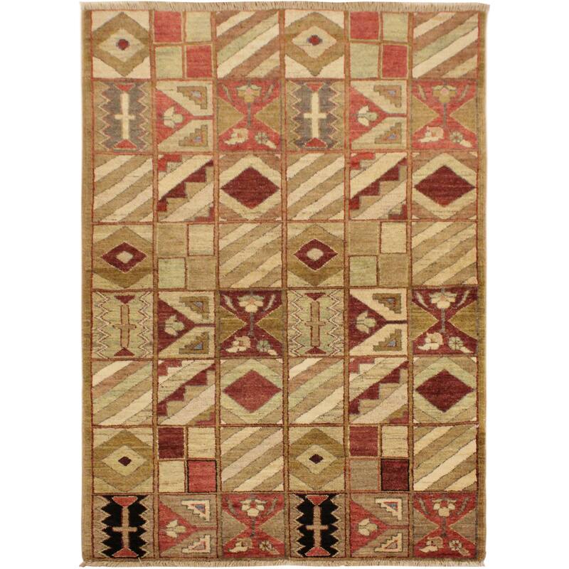 Rustica Mosaic Gabbeh Hand-Knotted Wool Area Rug - 3'0'' x 5'2'' - Beige/Blue/Rust/Gold