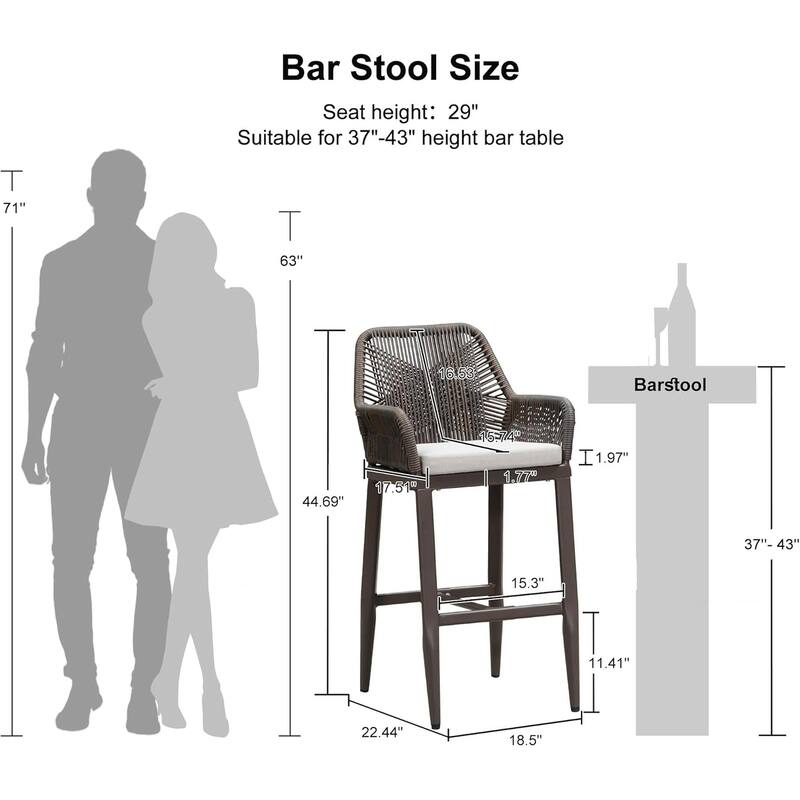 PURPLE LEAF Outdoor Bar Stools Chair Set of 2, All Weather Rattan and Aluminum Patio Bar Stool with Cushion