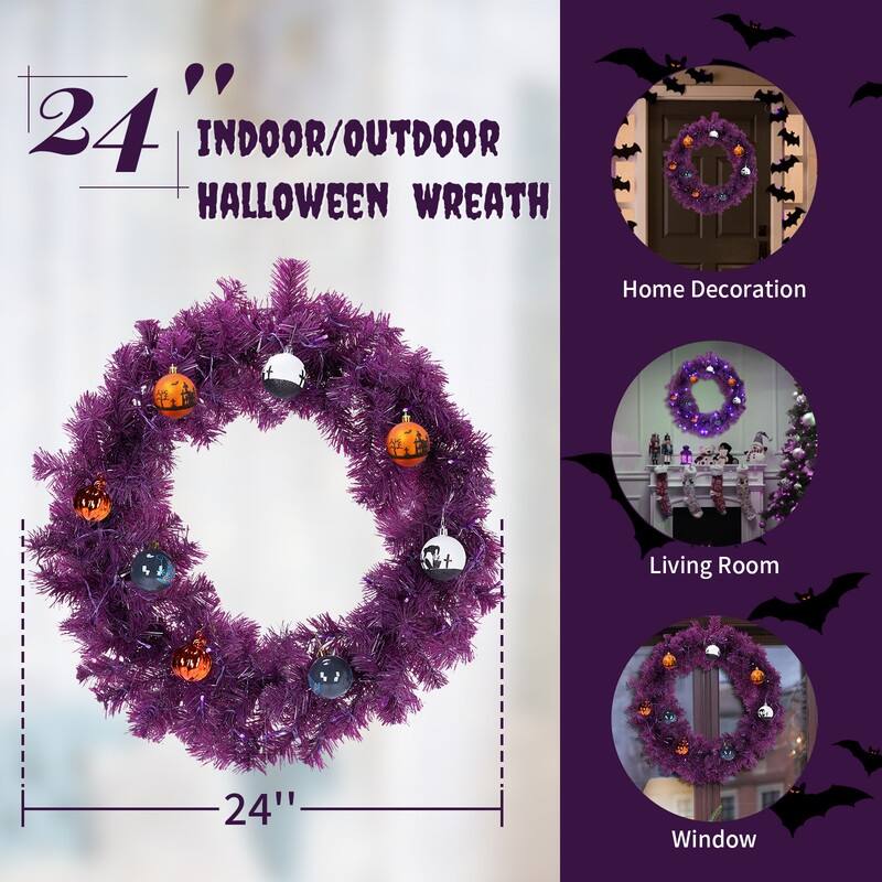 24in Pre-lit Halloween-Themed Christmas Wreath, Lighted Artificial Wreath with Lights and Ornaments, for Xmas Party Decorations