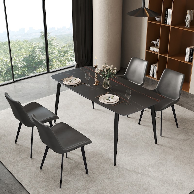 63" Rectangle Modern Kitchen Table with Sintered Stone Dining Table Top and Metal Legs - Black