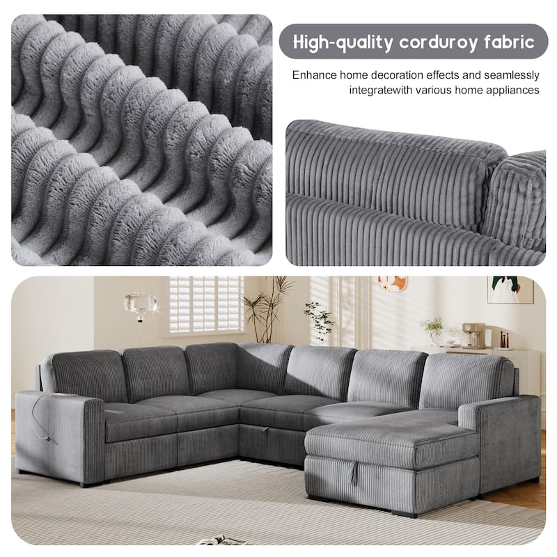 115.6" Corduroy U-Shaped Sectional Sofa with Pull-out Bed, Storage & USB Ports