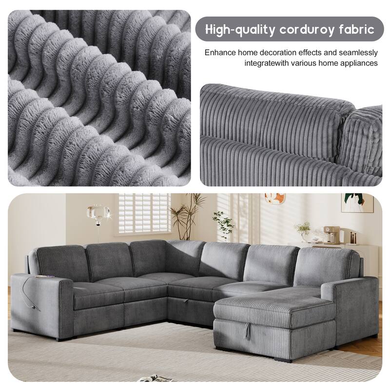 Convertible Sleeper Sofa with Pull Out Bed, 115.6" Oversized U Shaped Sectional Couch with USB Ports and Storage Chaise Lounge