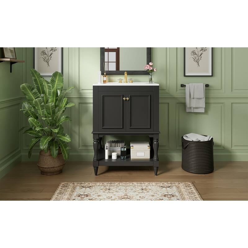 24 inch Modern Luxury Bathroom Vanity with Ceramic Sink, Bathroom Cabinet with Open Shelf and Closed Storage