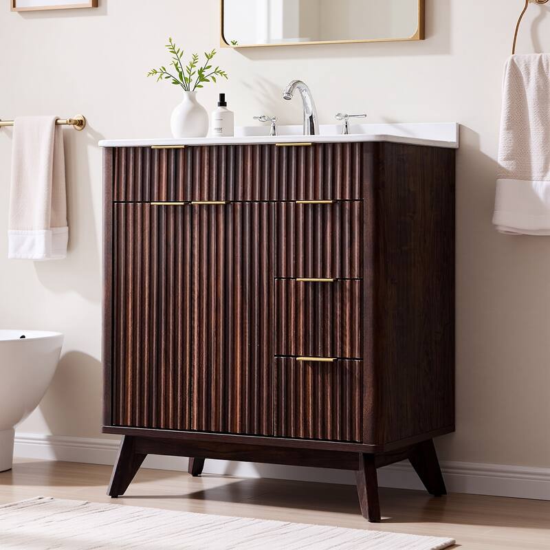Modern Fluted Bathroom Vanity with Sink, Bathroom Cabinet, Washstand - Dark Walnut