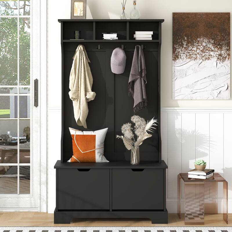 ON-TREND All in One Hall Tree with 3 Top Shelves and 2 Flip Shoe Storage Drawers
