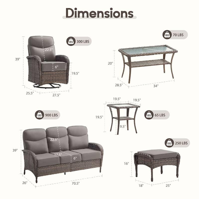 Meyreso 7-Piece Wicker Patio Conversation Set with Swivel Gliders and 6-Inch Thick Olefin Cushions