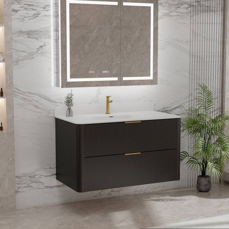 Modland Fluted Floating Vanity with Sink, Plywood Wall Mount Cabinet, Curved Edge, 24/30/36 Inch - 36 inch - Black