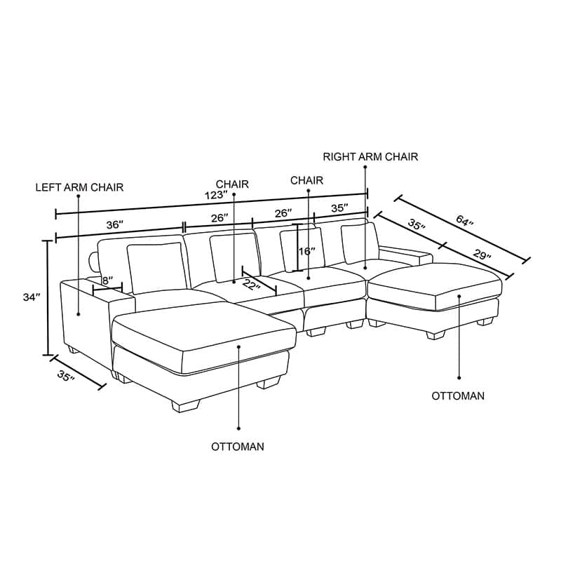 123'' Corduroy Upholstered U-Shaped 6-Piece Sectional Sofa