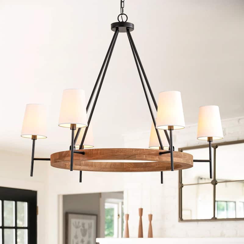 6-Light Vintage Farmhouse Wood Material Black Wagon Wheel Chandelier with Wood Material and Fabric Shade