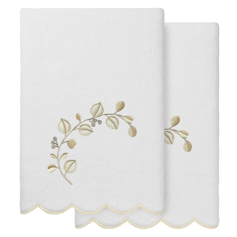 Authentic Hotel and Spa 100% Turkish Cotton WILD BRANCH Scallop Embellished Towel Collection - White/Beige - 2 Bath Towels
