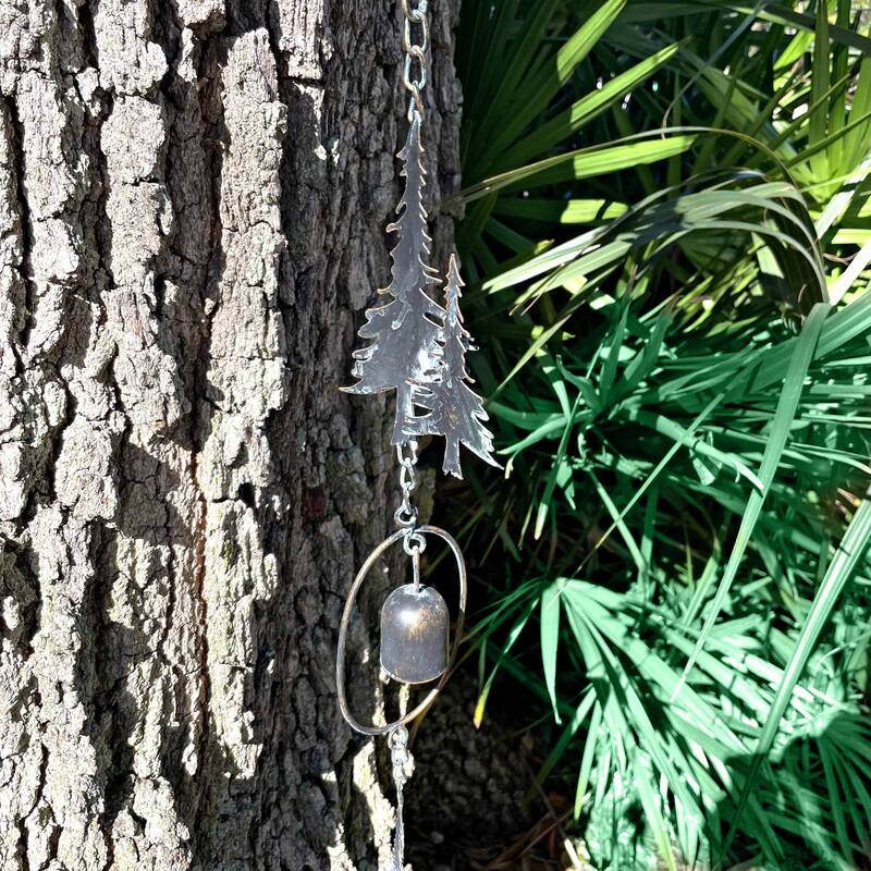 70" Metal Rain Chain - Forest Trees & Zen Bells, Aged Verdigris, 3.25" - 3.25 X 70 X 0.25 inches