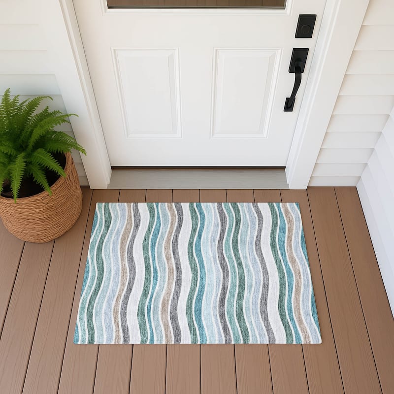 Machine Washable Indoor/ Outdoor Contemporary Stripe Chantille Rug - Teal - 1'8" x 2'6"
