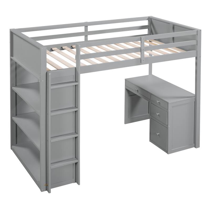 Twin Size Loft Bed with Ladder, Shelves, Solid Wood Loft Bed Frame with 4-Drawers Desk, Box Spring No Required