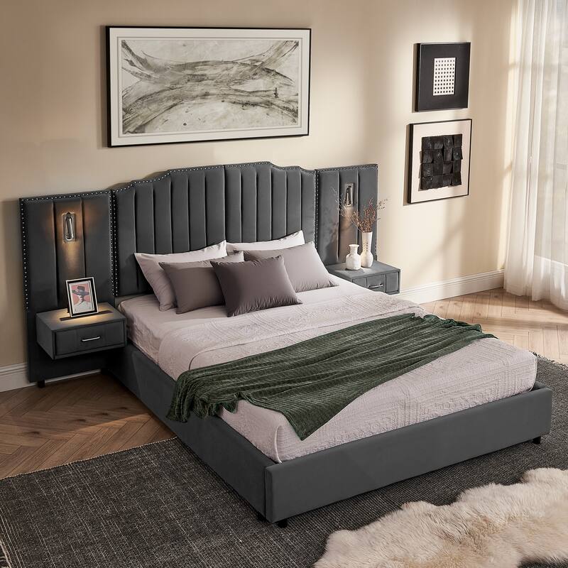 Queen Size Upholstered Bed Frame with Velvet Fabric, Vertical Stripe Design with Buttons Around Platform Bed