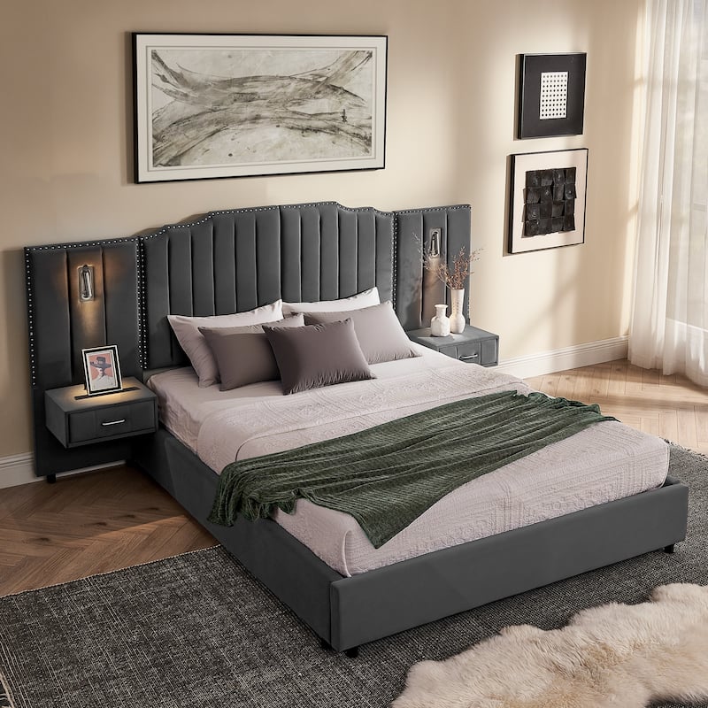 Upholstered Bed, Vertical Stripe Buttons Design Wingback Bed Frame, Velvet Fabric Platform Bed with Bedside Table - Grey - Queen