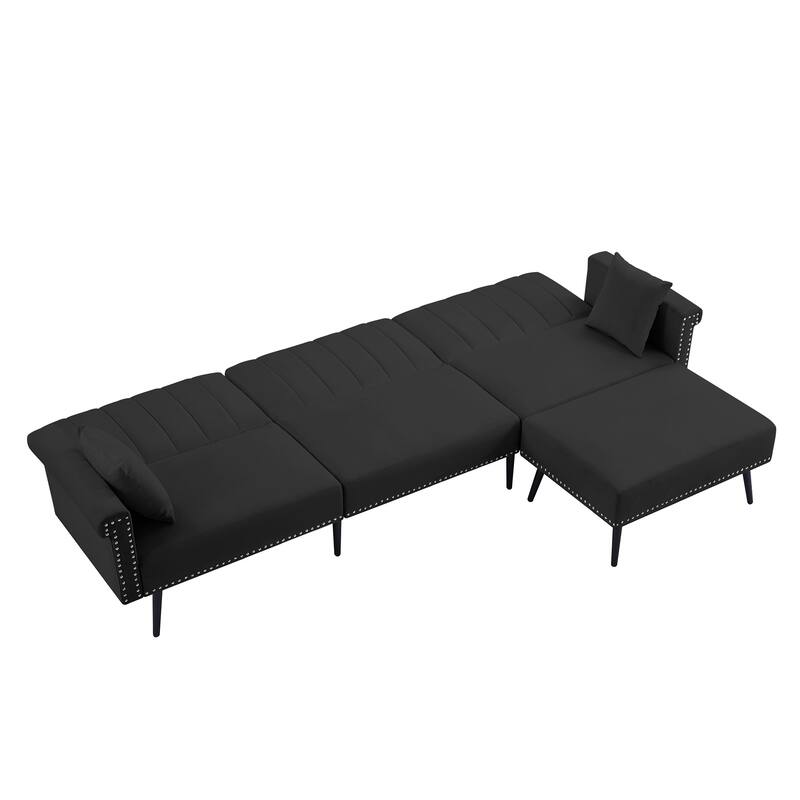 Velvet Sectional sofa bed with Ottoman, Adjustable Backrest, and Sturdy