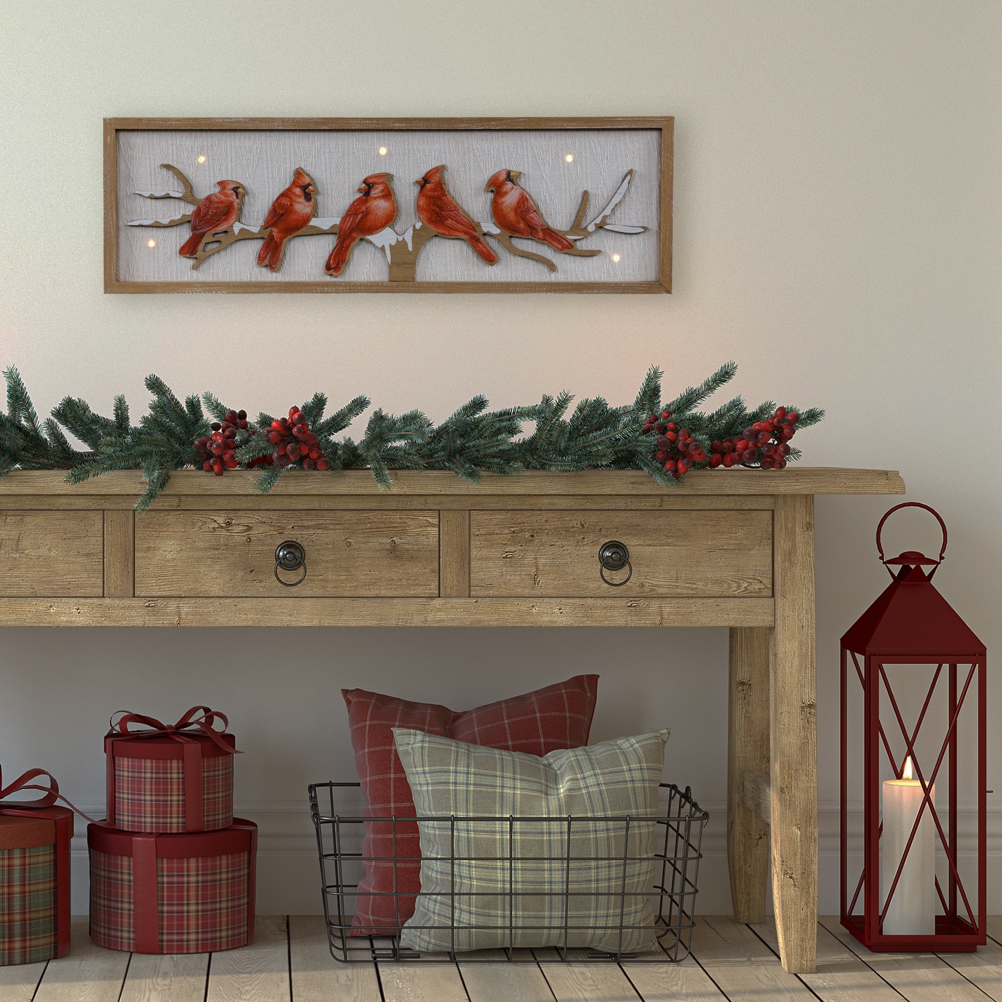Lighted Red Cardinals on a Tree Branch Christmas Wall Art - 25.5"