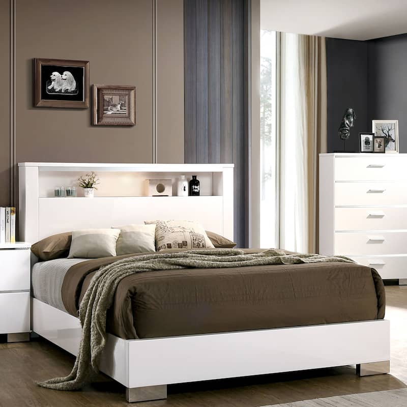Carbon Loft Champs Wood Panel Bed with LED Storage Headboard - White - King