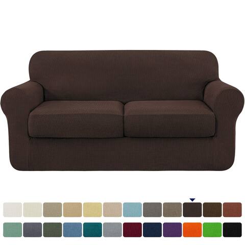 Textured Grid Stretch Sofa Cover Couch Slipcover with Separate Cushion Cover (Coffee, Loveseat)