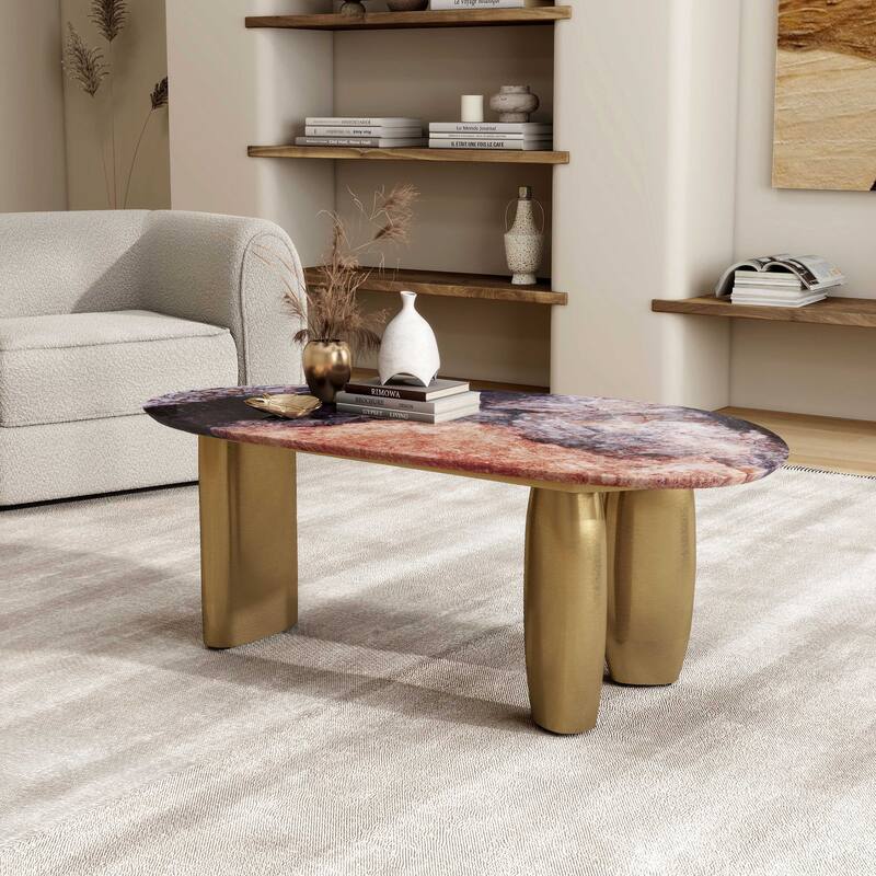 Furniture of America Luvien Modern Multi-Color Sintered Stone Top Coffee Table with Gold Legs