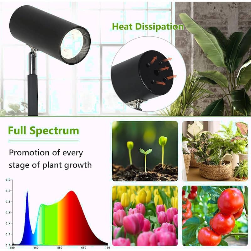 Full Spectrum Grow Light with Adjustable Height, 360° Rotation, and Timer - Black