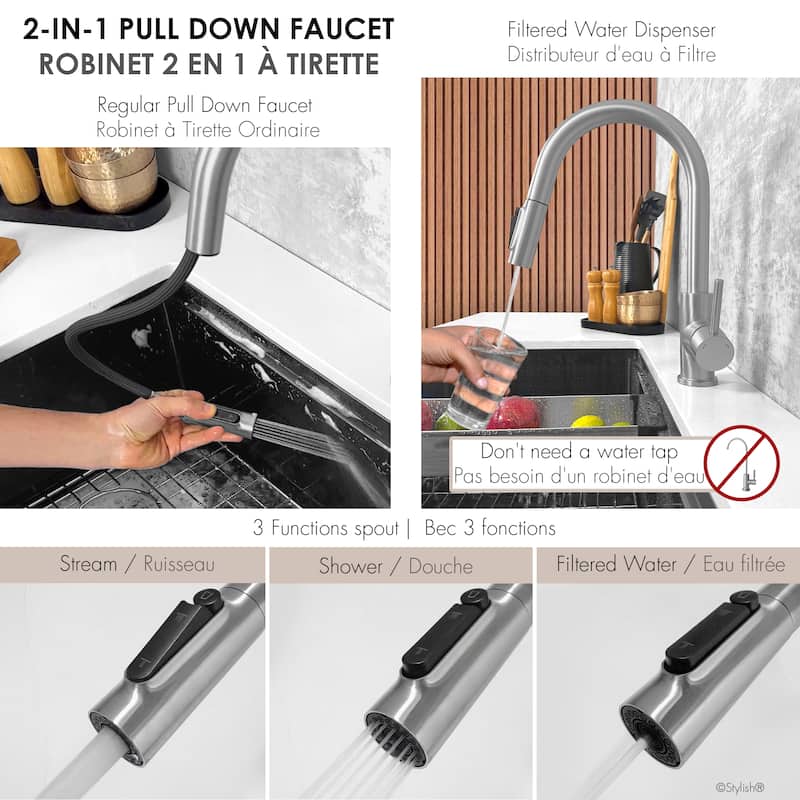 Modena Single Handle Brushed Gold Pull Down Kitchen Faucet with Reversible Osmosis