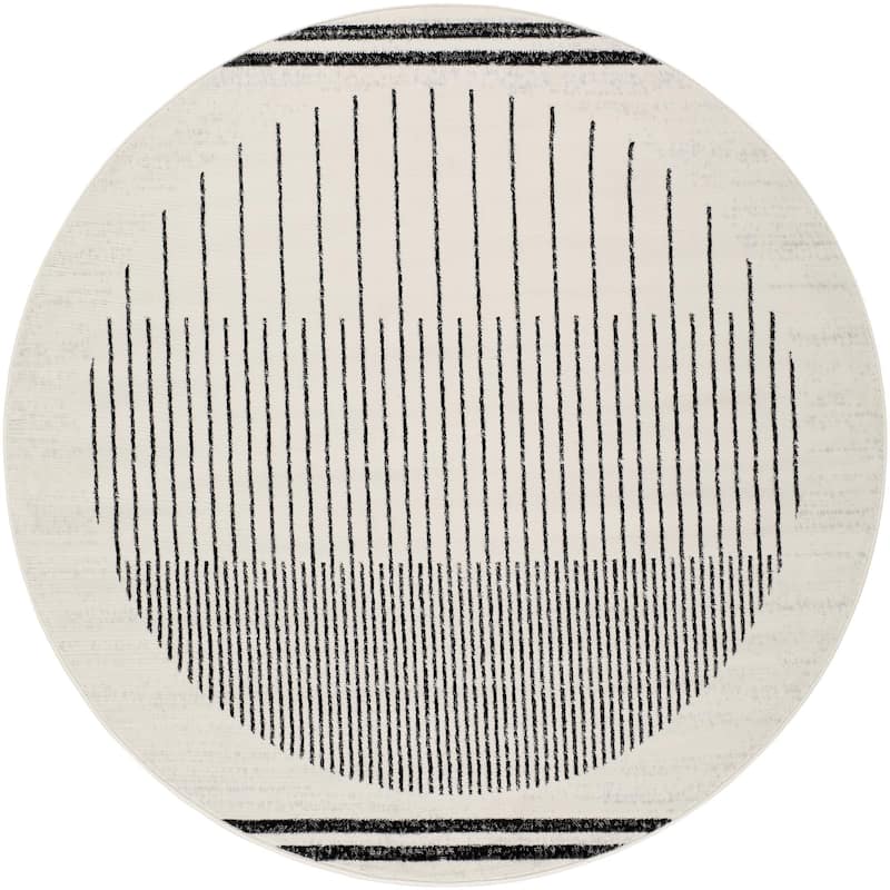 Livabliss Joel Mod Black/Ivory Ombre Geometric Striped Area Rug - 6' 7" x 6' 7" - Black/Ivory - Round