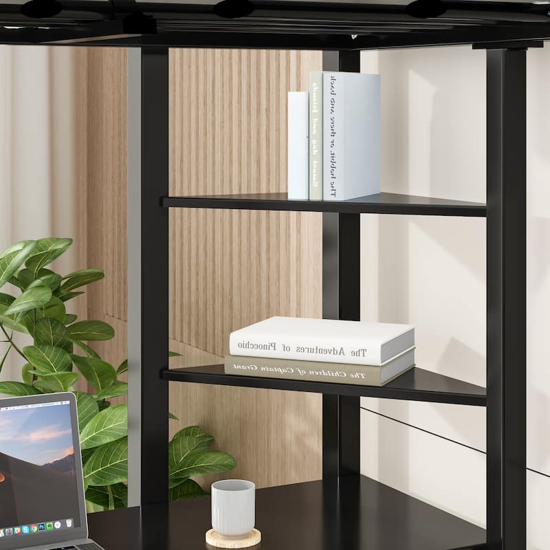 Black Metal Loft Bed Twin Size Loft Bed Frame with Built-in Desk and Triangular Storage Shelves for Boys Girls Teens