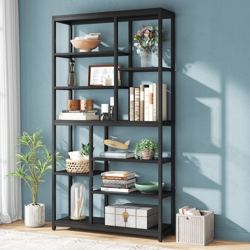 Staggered Bookcase Open Book Shelves Wood Etagere Display Shelf for Living Room