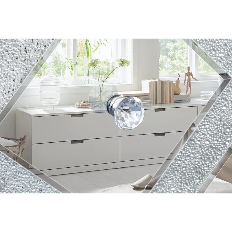 59" Mirrored TV Console, Silver Entertainment Stand with Diamond-Inlay Doors, Glass Finish, Open Shelves & Cabinets