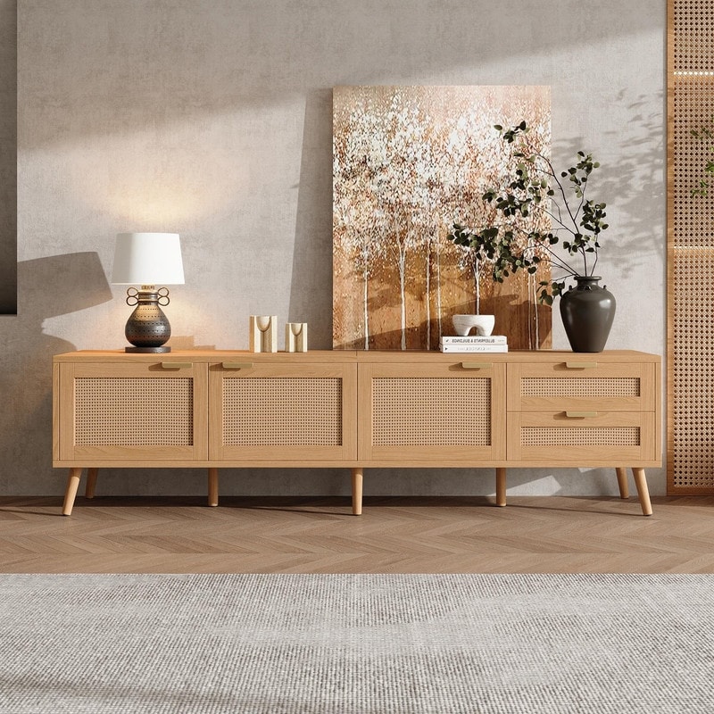 70" Modern TV Stand with Rattan Doors for TVs up to 80", Media Console with Storage, 2 Drawers & Cable Holes