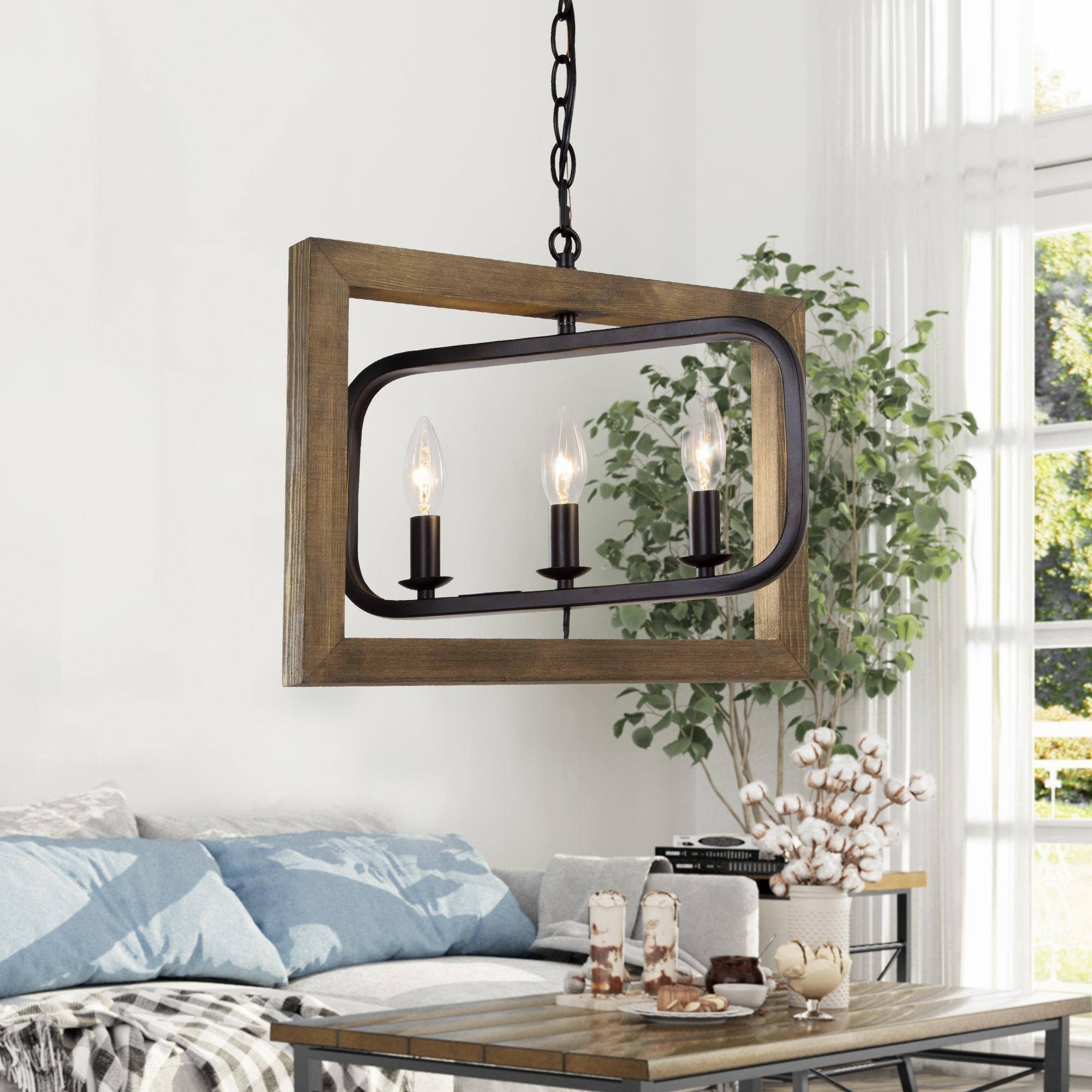 Farmhouse 3-Light Wood Island Chandelier Adjustable Frame Pendant for Kitchen Island - L17"xW13.5"xH14.5"