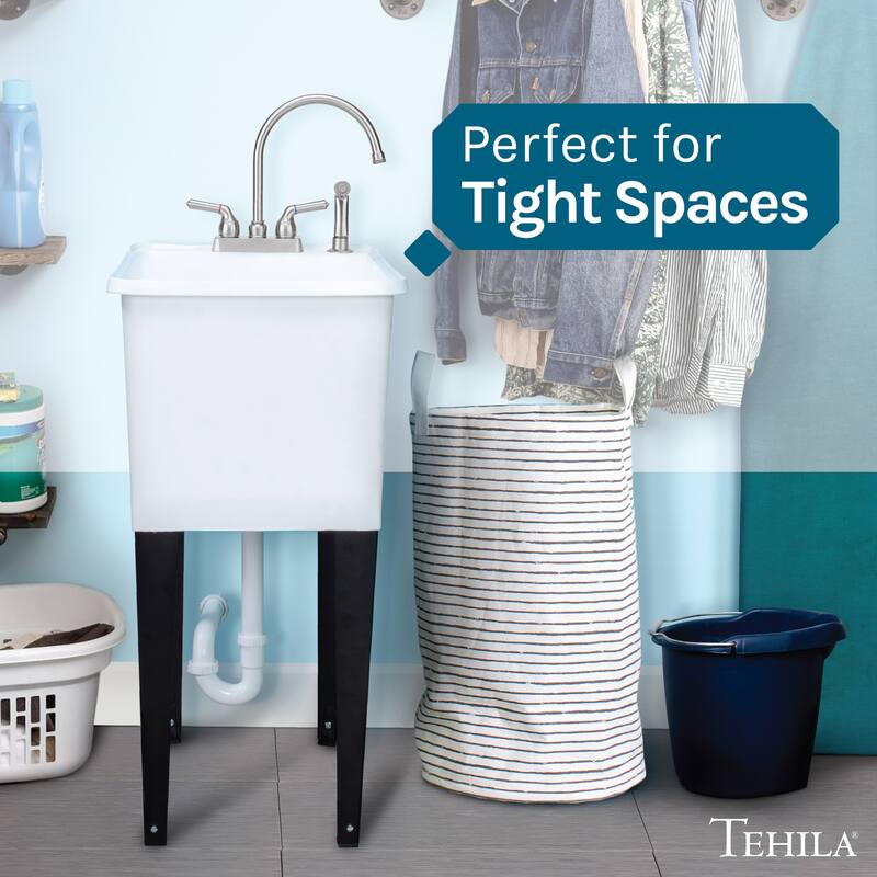 TEHILA White 16-Gallon Space Saver Utility Sink Laundry Tub with Gooseneck Faucet