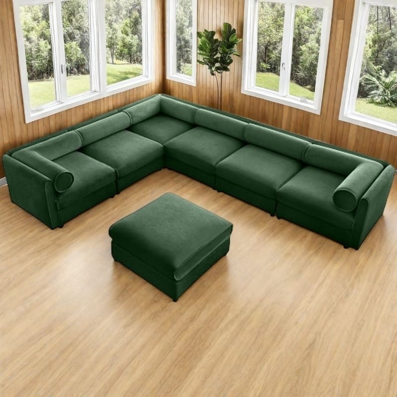 Modern Chenille 6-Seater Sofa with Ottoman Storage, Hidden Storage, Cylindrical Cushioned Arms and Backrest