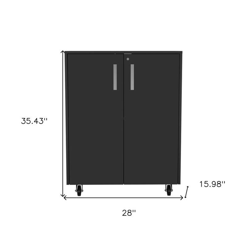 HomeRoots 35" Black Wood Rolling Storage Cabinet With Two Doors