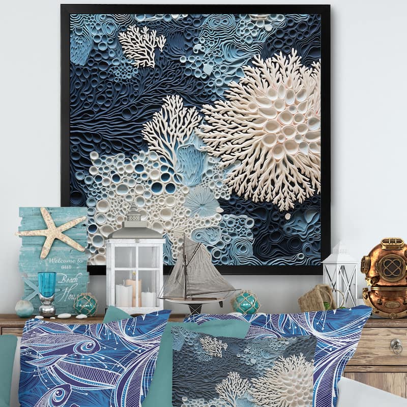 Designart "Under Water Blue And White Corals Collage" Coastal Framed Canvas Wall Art - 36 in. wide x 36 in. high - Black