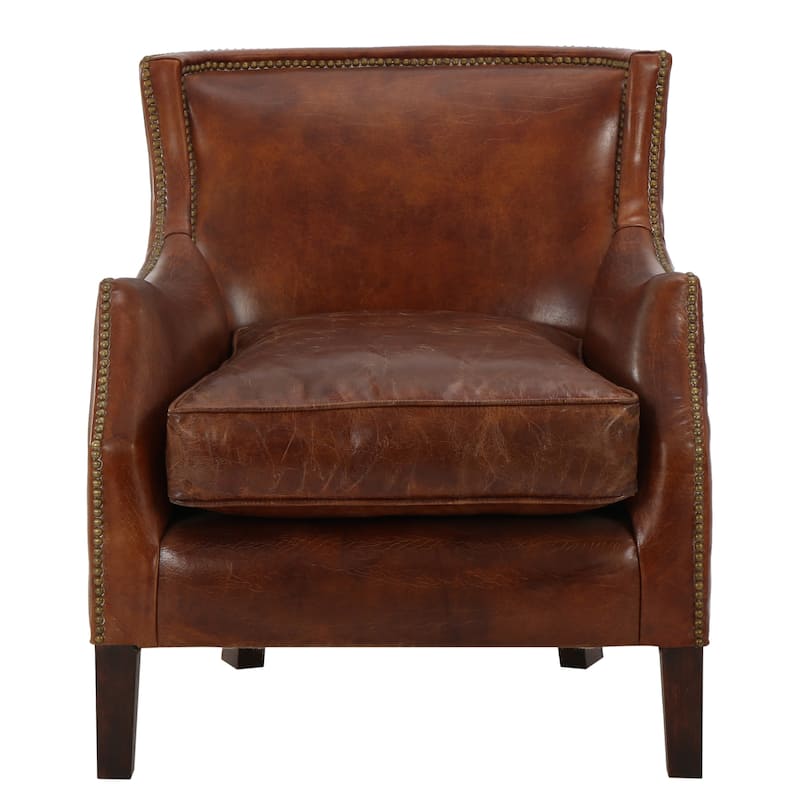 Brown Modern 29.25" Genuine Leather Upholstered Accent Chair with Rubber Wood Legs and Nailheads for Living Room