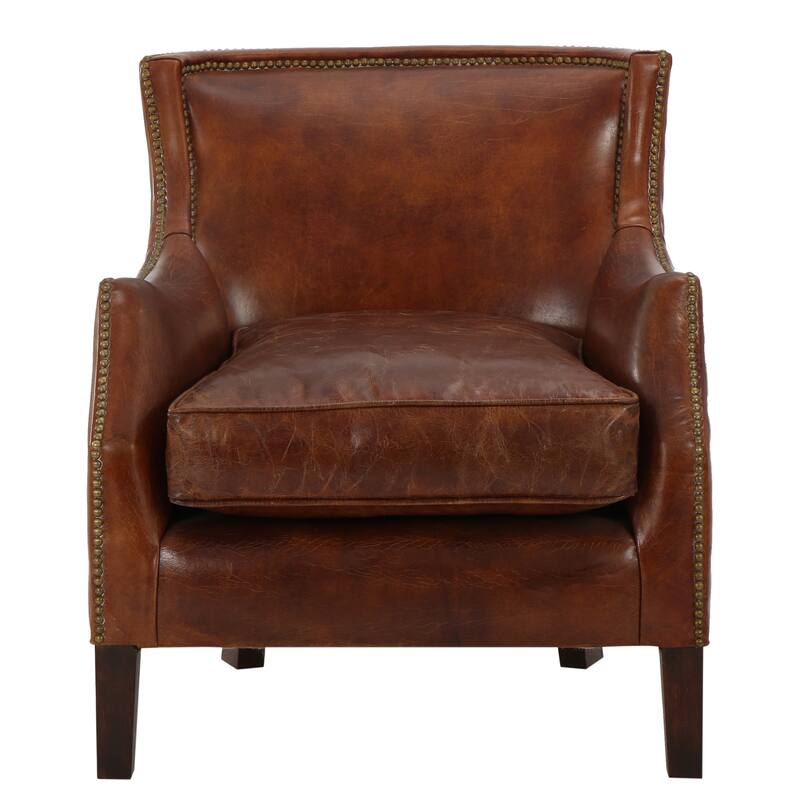 Leather Single Sofa Chair Mid-Century Modern Upholstered Armchair with Wooden Legs, Rivet Trim for Living Room, Bedroom