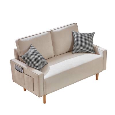 White Elegant Linen Loveseat Sofa, Fashion Pillow, Side Storage Pocket