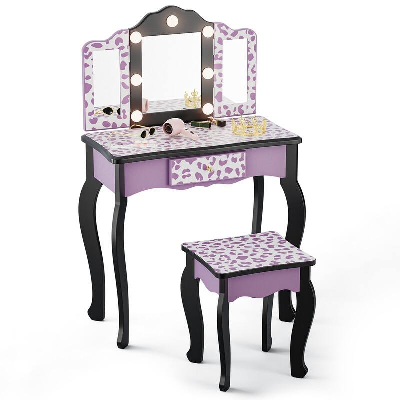Kids MDF Vanity Table Set In Pink With 1 Drawer With 3-Color Dimmable LED Bulb - N/A - Purple