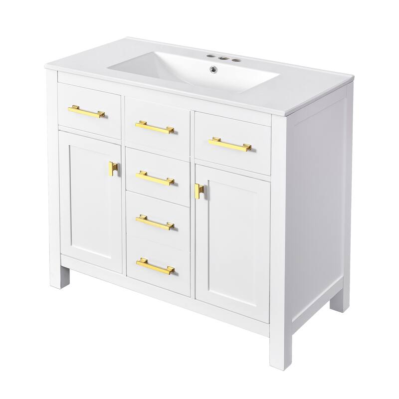 36'' Storage Cabinet for Bathroom Vanity with Ceramic Sink, 4 Drawers, 2 Cabinets and Gold Metal Handles, Freestanding Cabinet