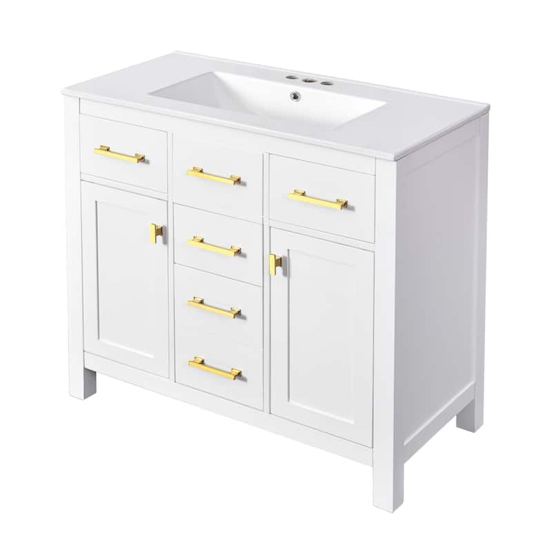 Roomfitters 36" Vanity with Ceramic Sink, Solid Wood Freestanding Cabinet with 4 Drawers and 2 Doors, Storage Unit for Bathroom