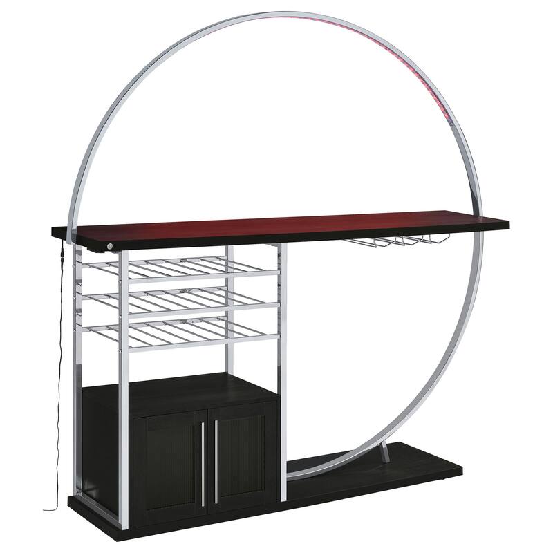 Riya Home Bar Table, LED Light, Cabinets, Wine Storage, Black, Chrome Metal
