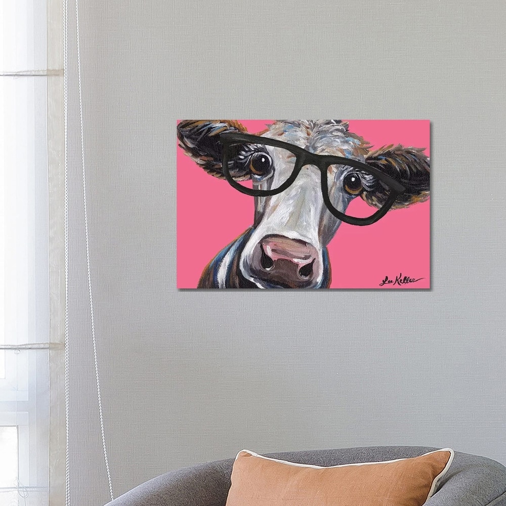 iCanvas "Cora The Cow With Glasses On Pink" by Hippie Hound Studios Canvas Print