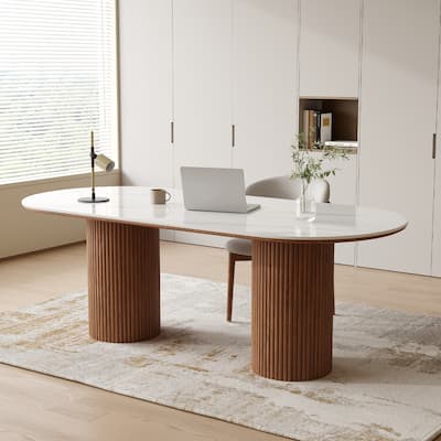 71" Modern Oval Writing Desk,Glossy White Office Table,with Double Solid Wood Legs, 3 Colors Optional