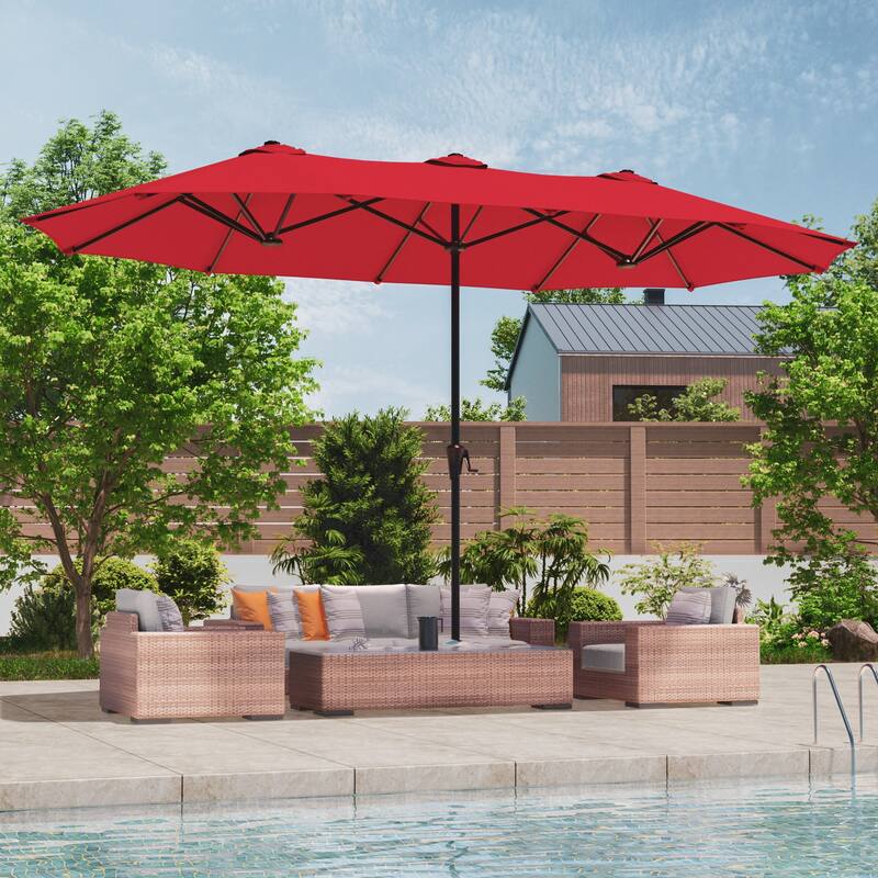LIVOOSUN 13x7.2Ft Large Double-Sided Rectangular Outdoor Patio Market Umbrella with Crank, Solar Panel, Navy Blue