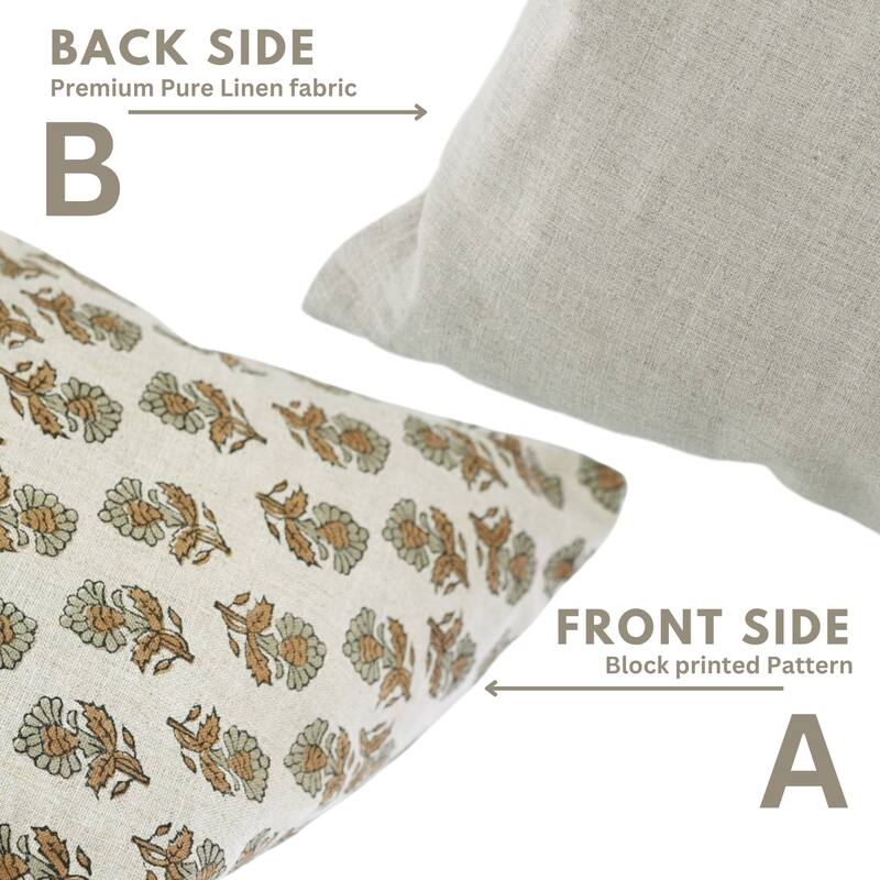 Fabdivine Soft Gray Pure Linen 22x22 Inch Sustainable Block Print Cushion Cover for Sofa, Chair or Fall Home Accent, Ashok